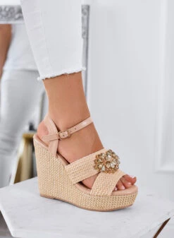 SABRINA - Sandali BeigeZeppe Con Cinturino E Maxi Strass