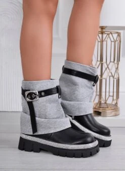 SALLY - Stivaletti Neri Con Risvolto Grigio E Bordo In Strass