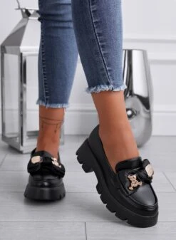 SERENA - Mocassini Neri Con Fiocco E Spilla Teddy Oro