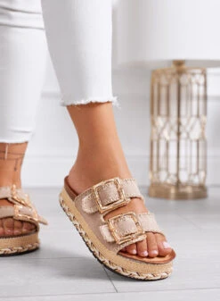 SPARTA - Sandali Ciabatte Beige Con Maxi Fibbie Oro E Suola Platform