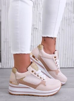 THEA - Sneakers Beige Con Zeppa E Rifiniture Oro -Negozio al dettaglio Alexoo THEA Sneakersbeigeconzeppaerifinitureoro