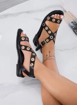WOODY - Sandali Neri Bassi Con Occhielli Dorati E Cinturini Incrociati