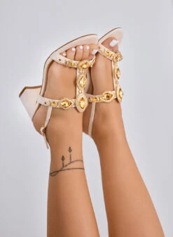 YULIA - Sandali Gioiello Beige Con Tacco Largo E Pietre