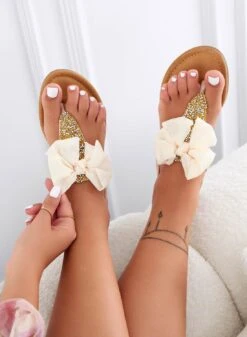 ZOEE - Sandali Beige Infradito Bassi Con Fiocco E Strass