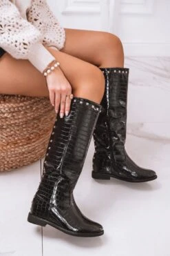 Stivali Con Stampa Coccodrillo Neri Con Zeppa E Borchie -Negozio al dettaglio Alexoo a04480