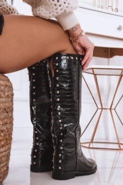 Stivali Con Stampa Coccodrillo Neri Con Zeppa E Borchie